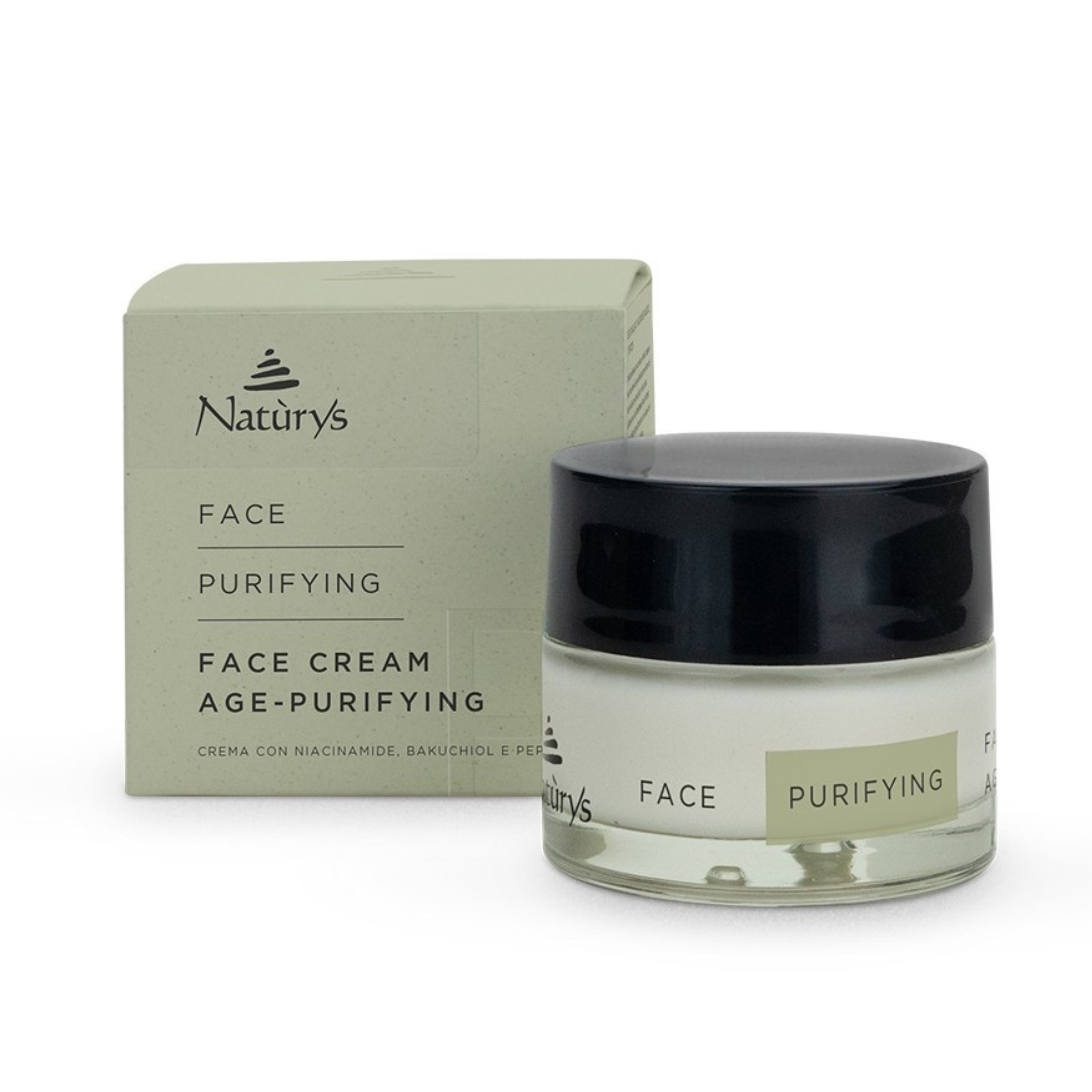 FACE CREAM AGE-PURIFYING, Valomojo poveikio kremas su niacinamidu, bakučioliu ir peptidais brandžiai riebiai, mišriai odai, 50 ml