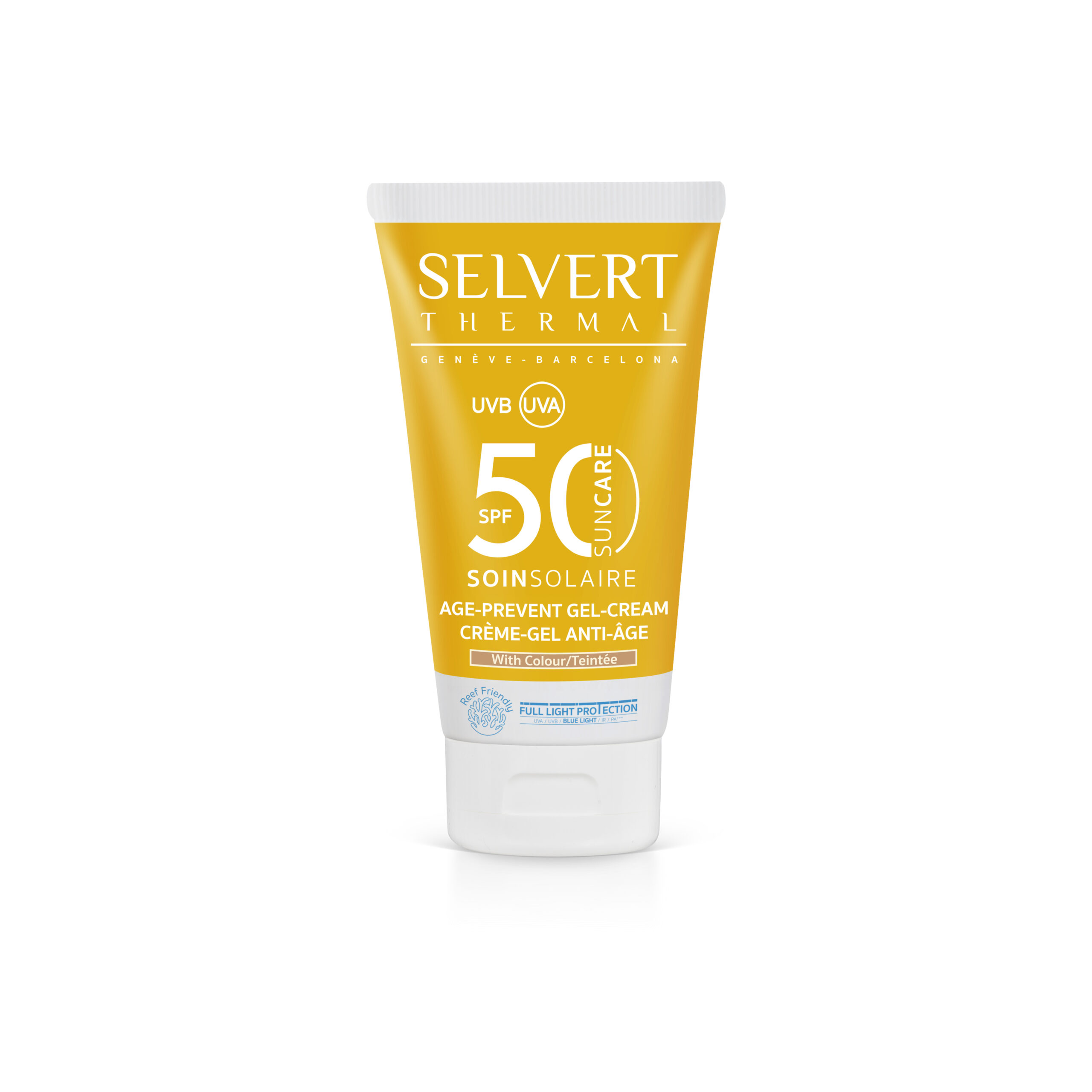 SELVERT THERMAL SUN CARE AGE PREVENT GEL-CREAM SPF50 WITH COLOUR, Apsauginis kremas-gelis veidui SPF50 su spalva, 50 ml